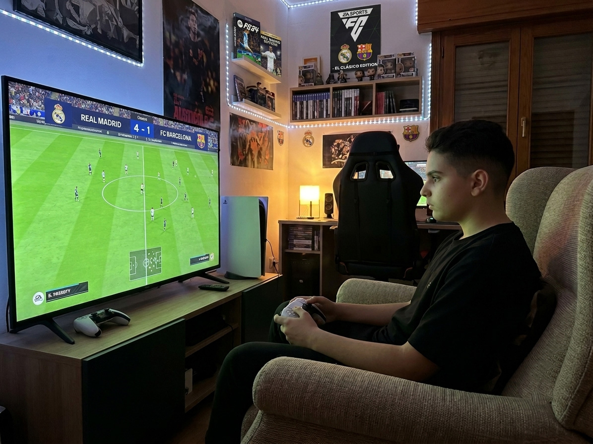 Ekranda futbol oyunu oynarken